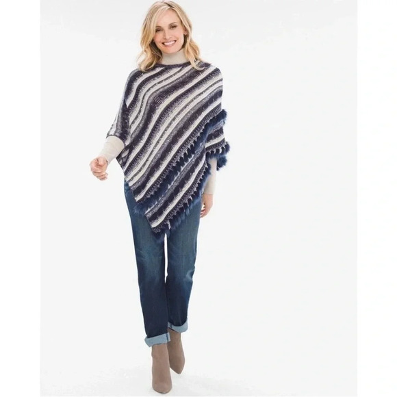 Chico's Sparkle Stripe Blue Knit Poncho Sweater S/M - Picture 1 of 8